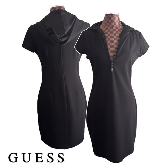GUESS Black Hoodie Dress Sz Large Half Zip Short Sleeve Crepe Shift Knee Length - Picture 1 of 7